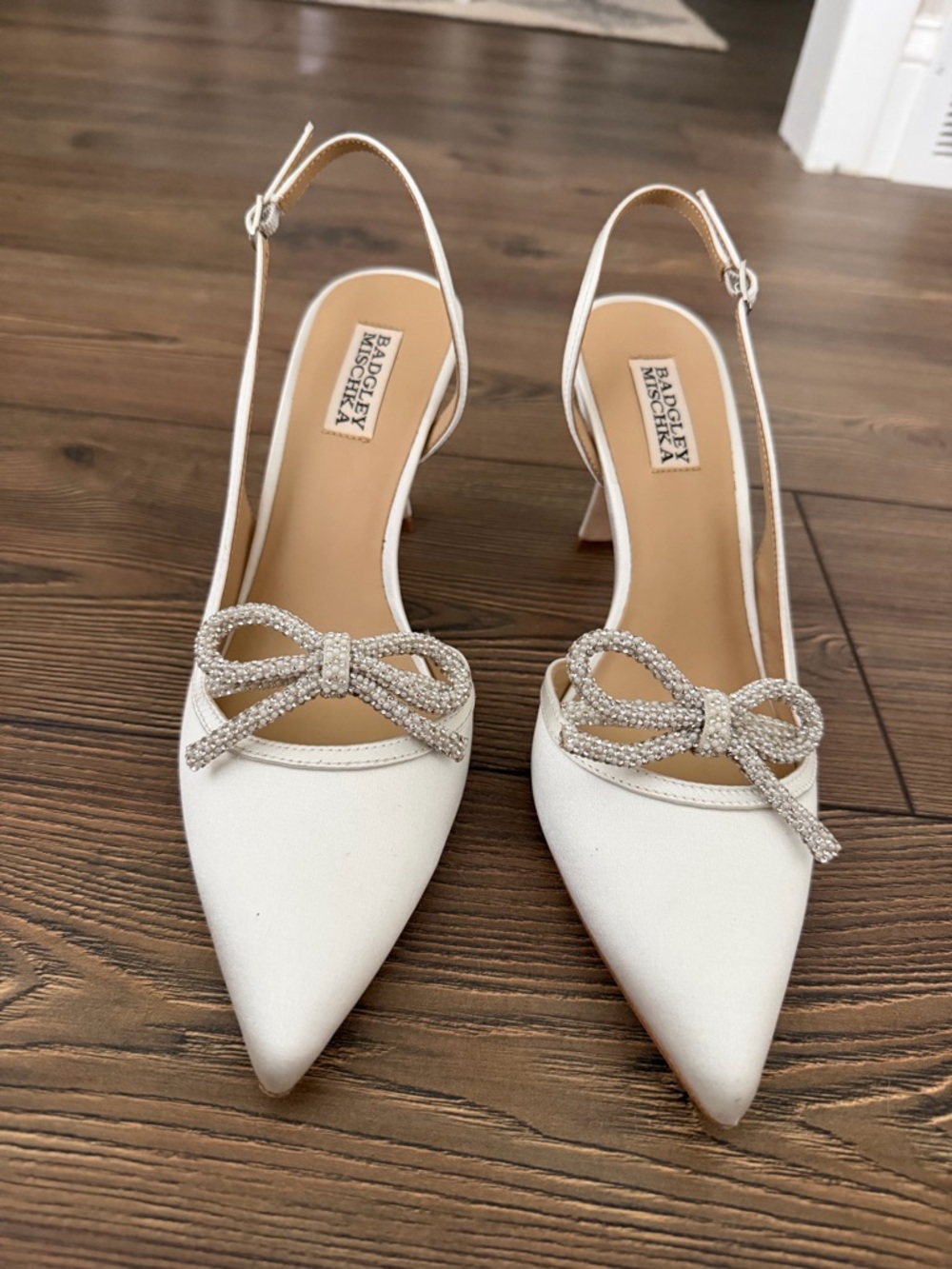 Badgley Mischka Ivory Pointed Slingback Heels with Crystal Bow